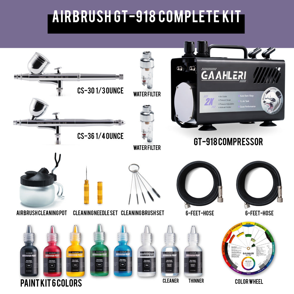 Gaahleri Dual Drive Series Kit de aerógrafo Compresor GT-918 | 2 aerógrafos | 6 colores